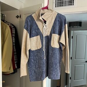 Blue and Cream Lace-Up Pullover